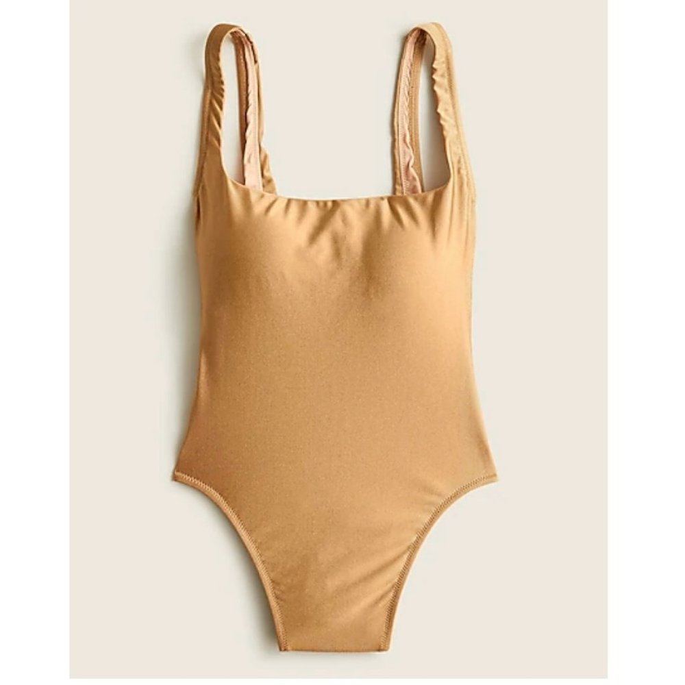 J.Crew $118 Shiny Squareneck One Piece Swimsuit Liquid Bronze Size 14 BC985